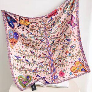 New Square Scarf Silk Satin Printed Pink Tree Birds Heart Whimsical Novelty
